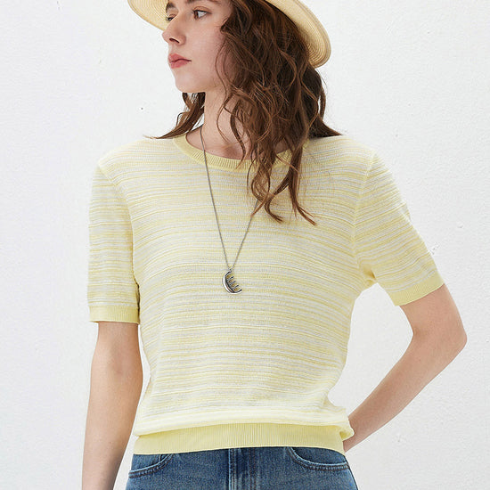 COMOBOCA Striped Women's Ribbed Fine Stripe Knit T-Shirt