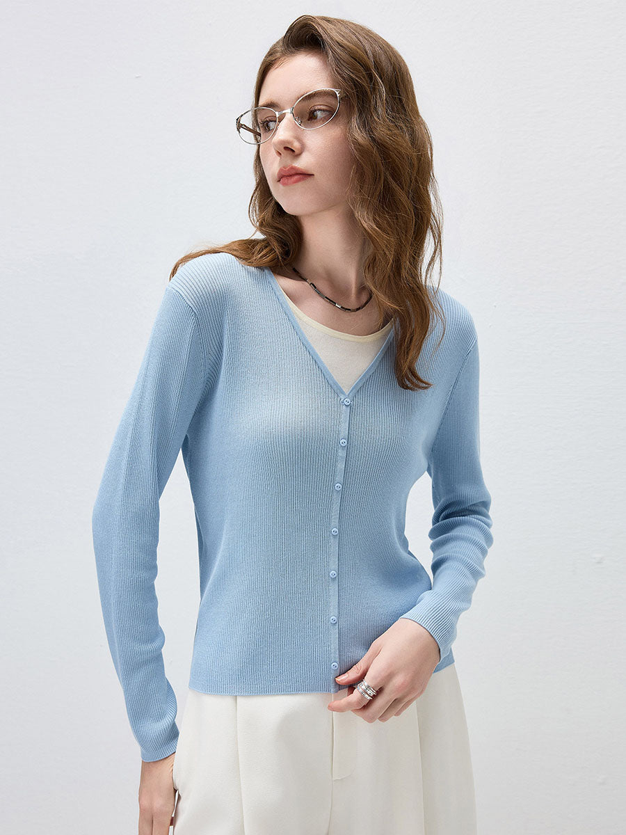 COMOBOCA Women's Ribbed Knit V-Neck Faux Cardigan