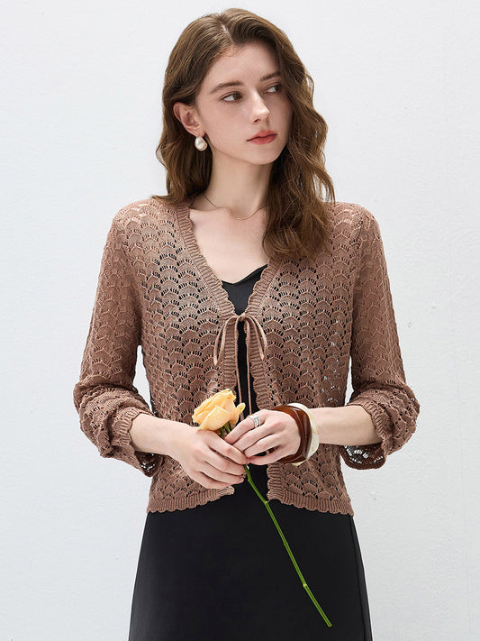 COMOBOCA Autumn Leaves Women's Linen Lace Knit Tie Front Cardigan