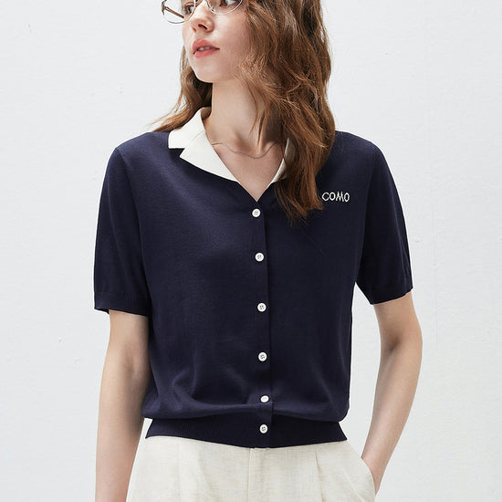 COMOBOCA Women's Contrast Collar Knit Button Down Cardigan