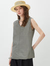 Women's V-neck Mulberry Silk Cotton Plaid Sleeveless Vest With Side Slit