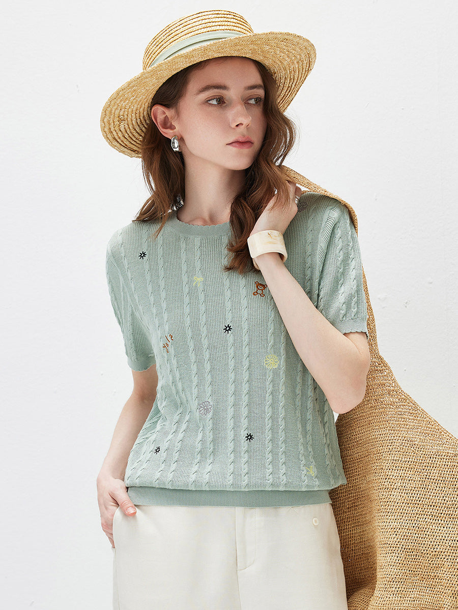 COMOBOCA Women's Cable Knit Embroidered Sweater