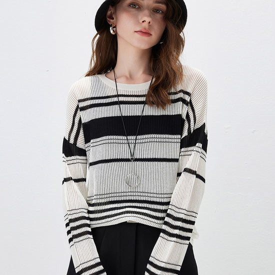 COMOBOCA Women's Asymmetric Stripe Mesh Knit Round Neck Sweater