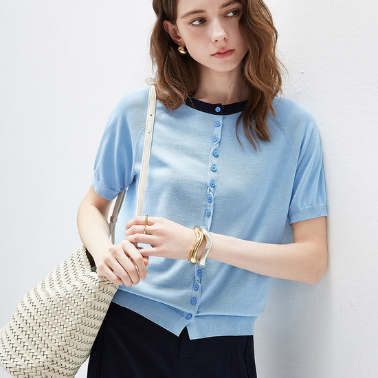 COMOBOCA Women's Contrast Trim Button Front Knit Cardigan