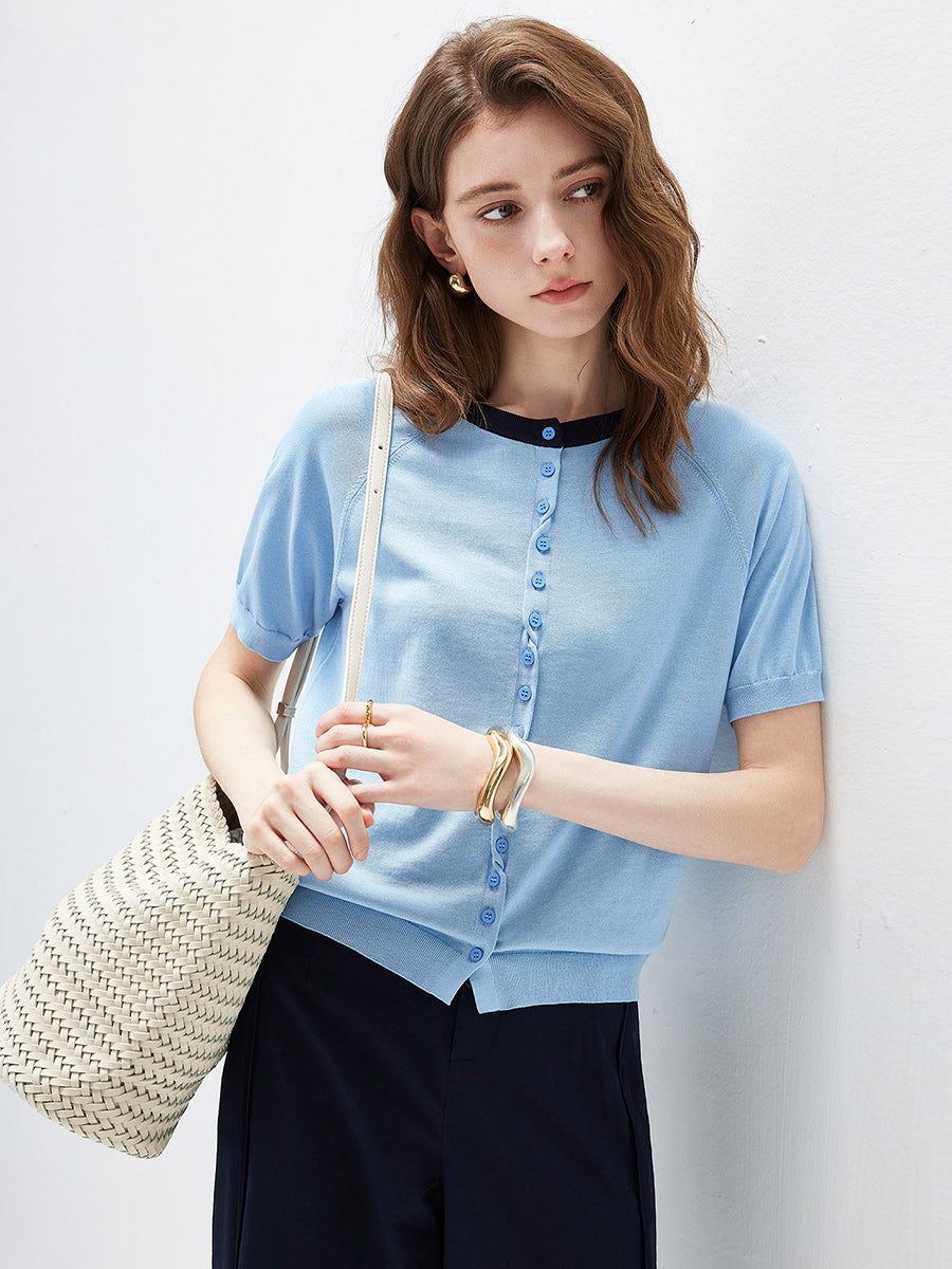 COMOBOCA Women's Contrast Trim Button Front Knit Cardigan