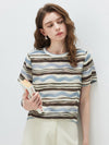 100% Mulberry Silk Women’s Vintage Print Round-Neck Short Sleeve T-Shirt