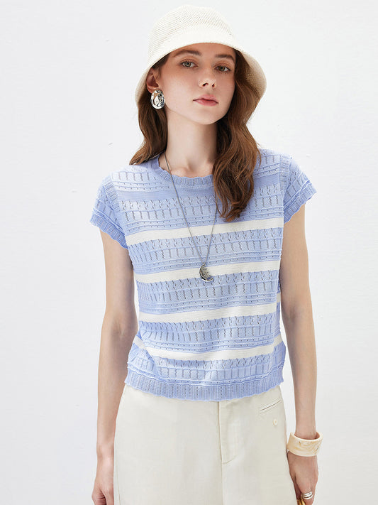 COMOBOCA Lavender Bloom Women's Cap Sleeve Striped Openwork Knit T-Shirt