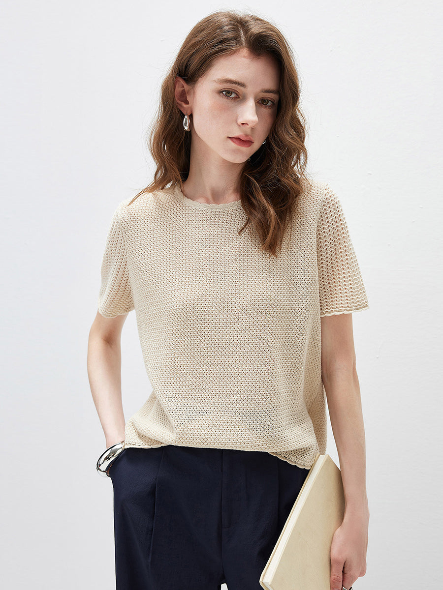 COMOBOCA Women's Openwork Round Neck Knit T-Shirt