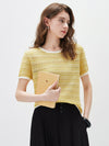 Women’s Round-Neck Linen Blend Dopamine Striped Knit Short Sleeve Top with Contrast Trim
