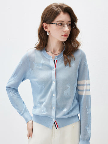 COMOBOCA Light Blue Women's Pet Pointelle Knit Round Neck Cardigan