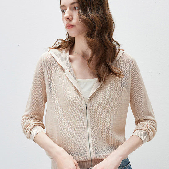 COMOBOCA Women's Sheer Mesh Hooded Zip Up Cardigan