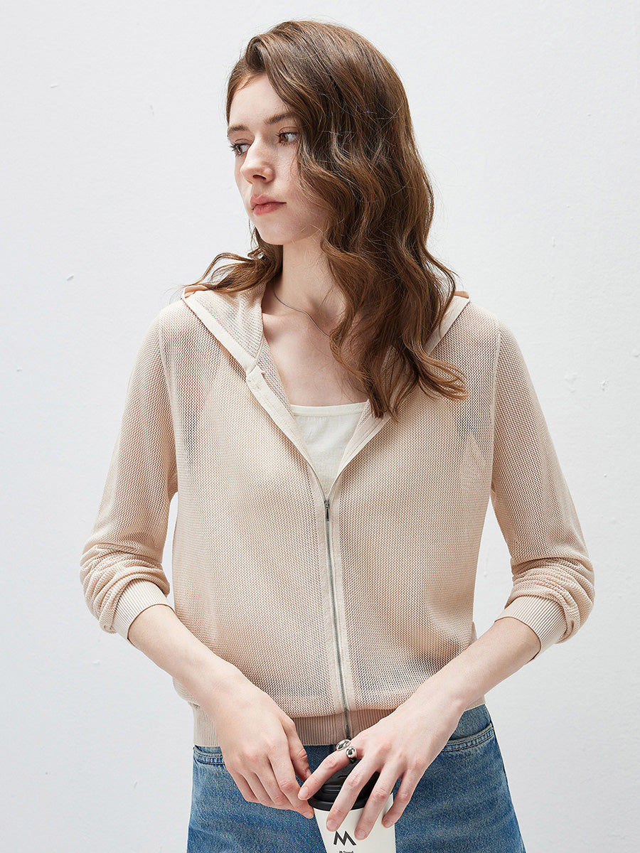 COMOBOCA Women's Sheer Mesh Hooded Zip Up Cardigan