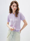 Women's Silk-Cotton Blend Peter Pan Collar Pointelle Knit Short Sleeve Top