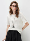 Women’s Round-Neck Linen Blend Hollow-Out Short Sleeve Knit T-Shirt