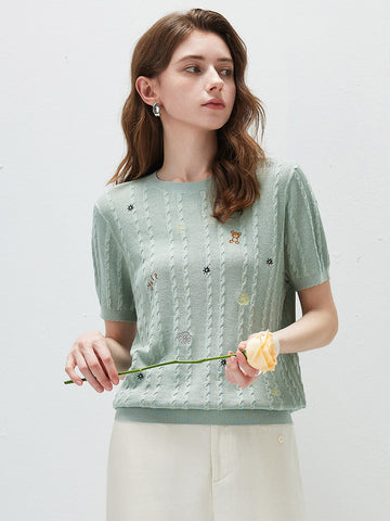 COMOBOCA Moonlight Green Women's Cable Knit Embroidered Sweater