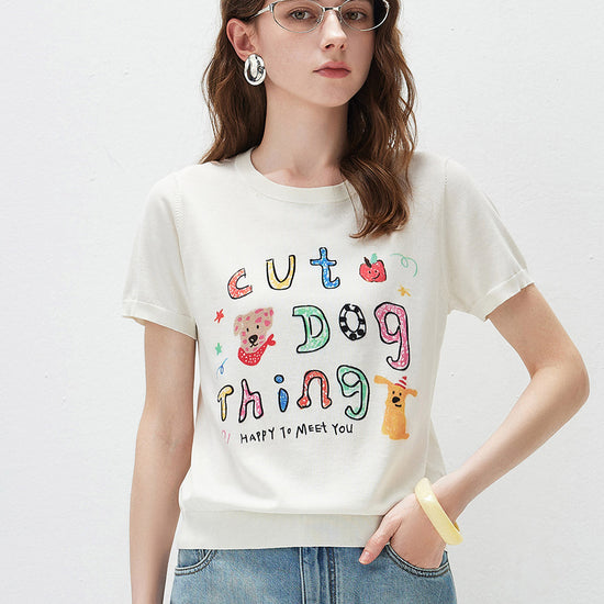 COMOBOCA Cloudy Women's Ribbed Graphic Print Knit T-Shirt