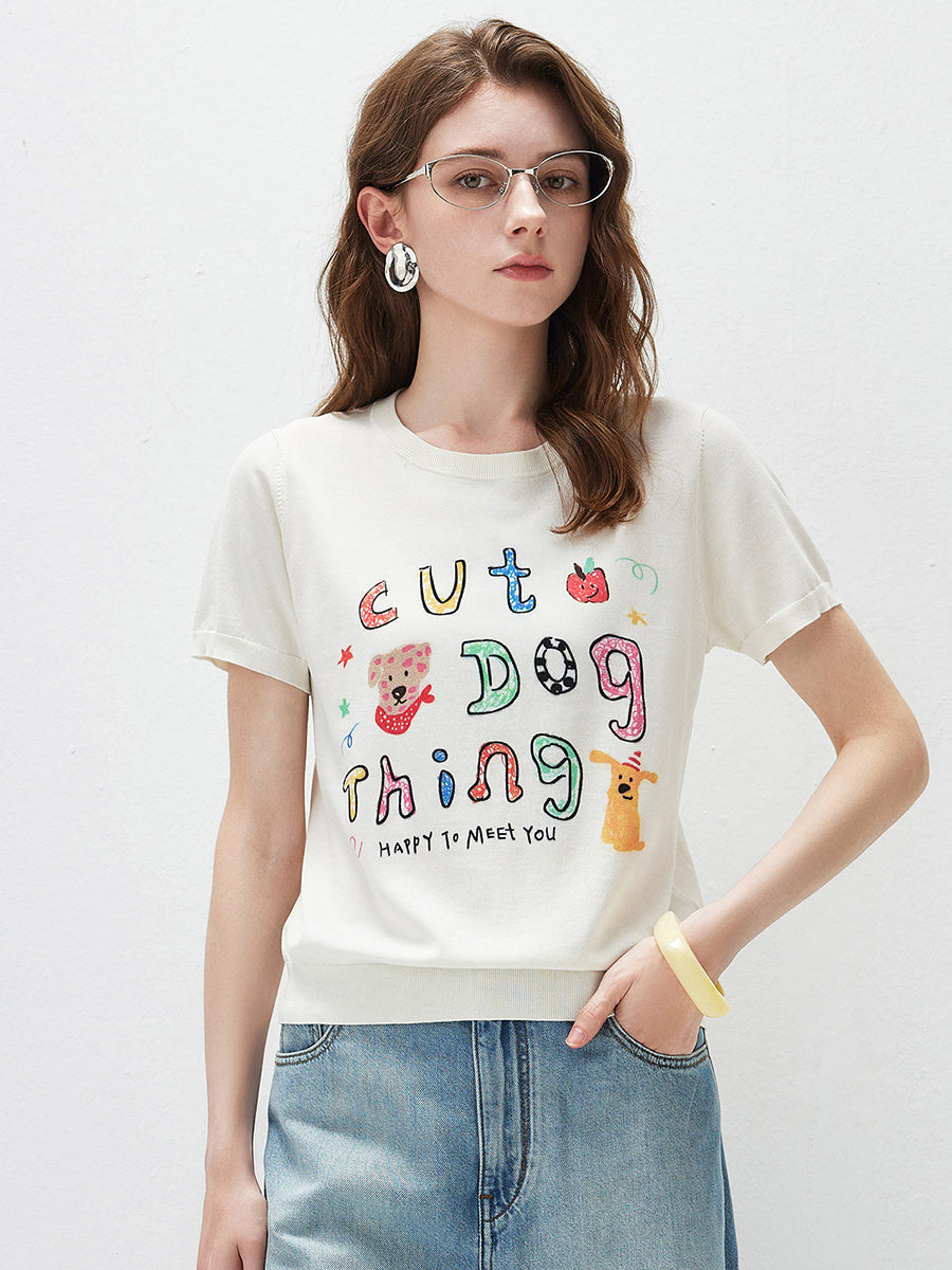 COMOBOCA Cloudy Women's Ribbed Graphic Print Knit T-Shirt