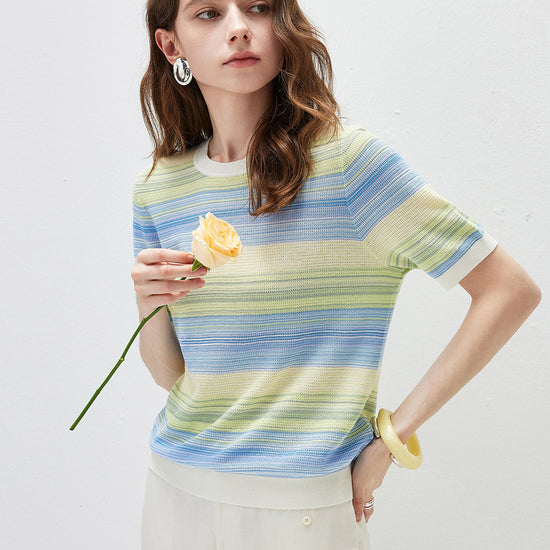 COMOBOCA Women's Gradient Stripe Openwork Knit T-Shirt