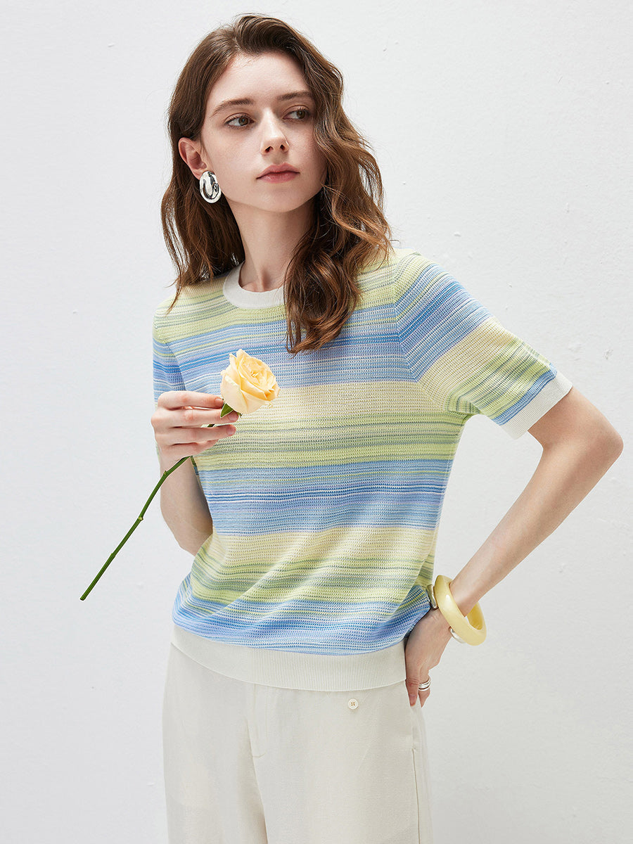 COMOBOCA Women's Gradient Stripe Openwork Knit T-Shirt