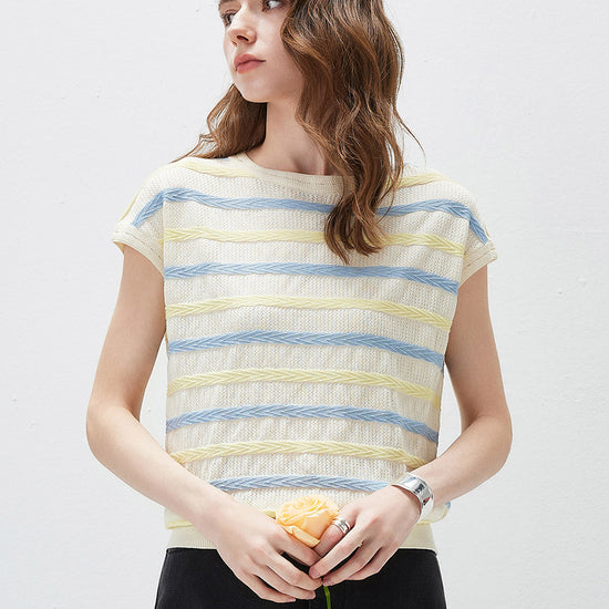 COMOBOCA Women's Striped Knit Cap Sleeve T-Shirt
