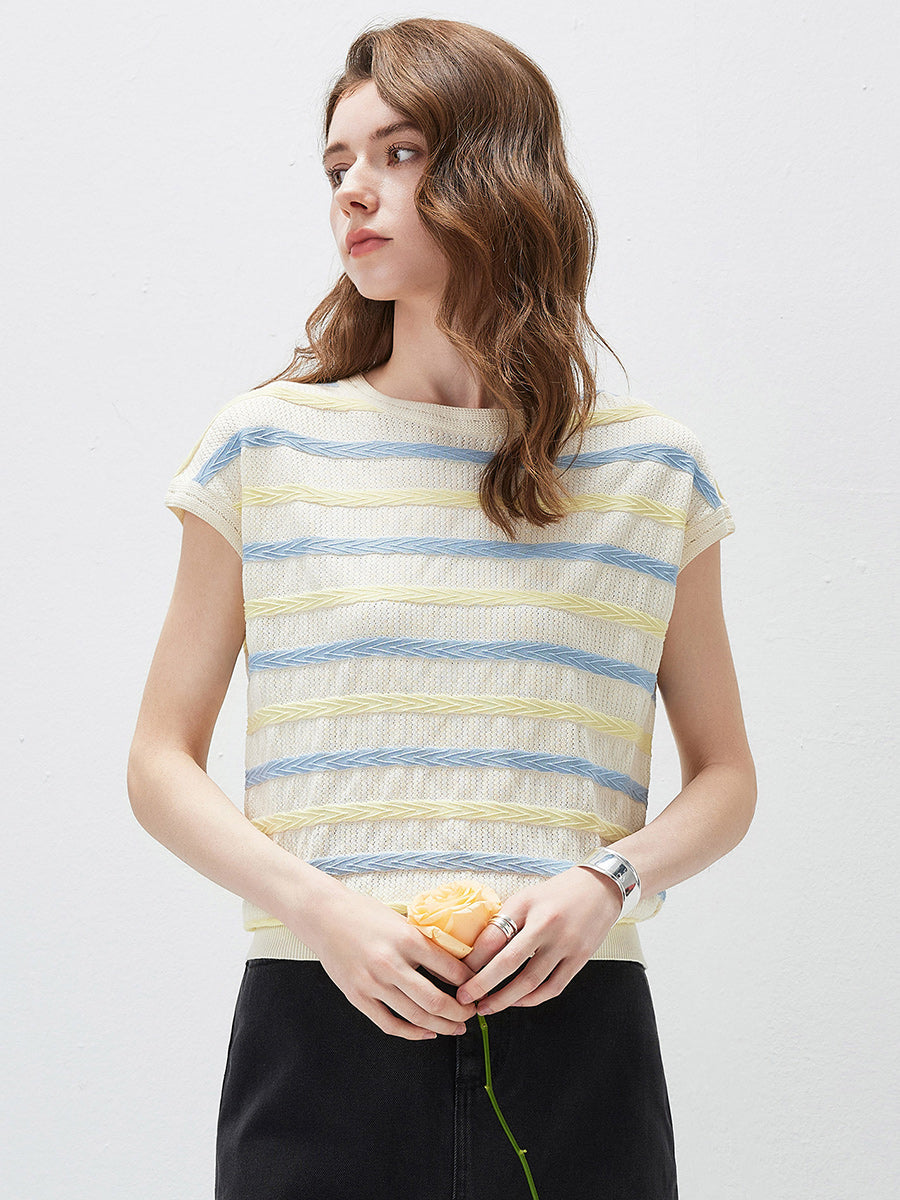 COMOBOCA Women's Striped Knit Cap Sleeve T-Shirt