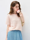 Women’s Round-Neck Linen Blend Hollow-Out Short Sleeve Knit T-Shirt