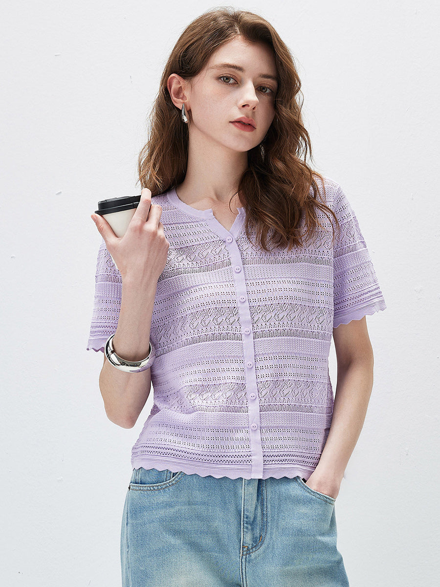 COMOBOCA Women's Scalloped Hem Openwork Knit Cardigan