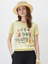 COMOBOCA Light Yellow Women's Ribbed Graphic Print Knit T-Shirt