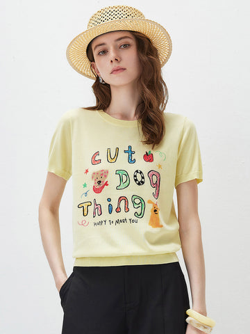 COMOBOCA Light Yellow Women's Ribbed Graphic Print Knit T-Shirt