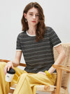 Women’s Round-Neck Linen Blend Dopamine Striped Knit Short Sleeve Top with Contrast Trim
