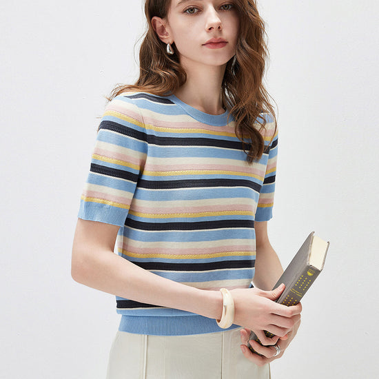 COMOBOCA Women's Multi-Color Stripe Knit T-Shirt
