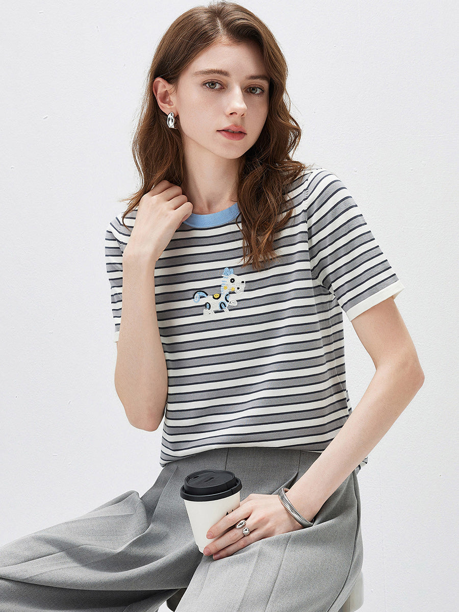 COMOBOCA Women's Embroidery Striped Knit Top