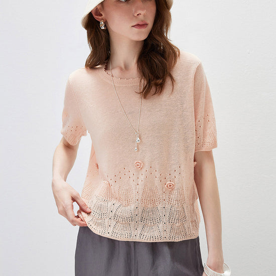 COMOBOCA Women's Sheer Openwork Knit T-Shirt