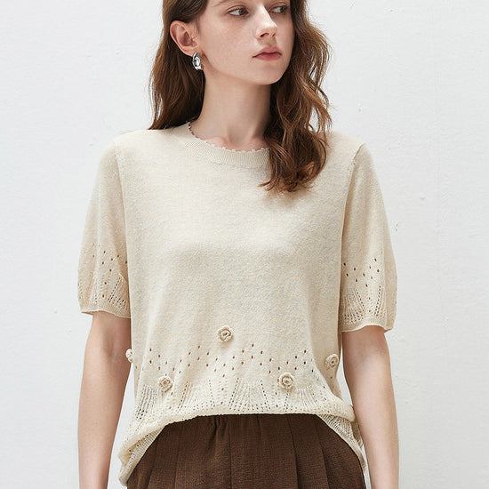 COMOBOCA Women's Sheer Openwork Knit T-Shirt