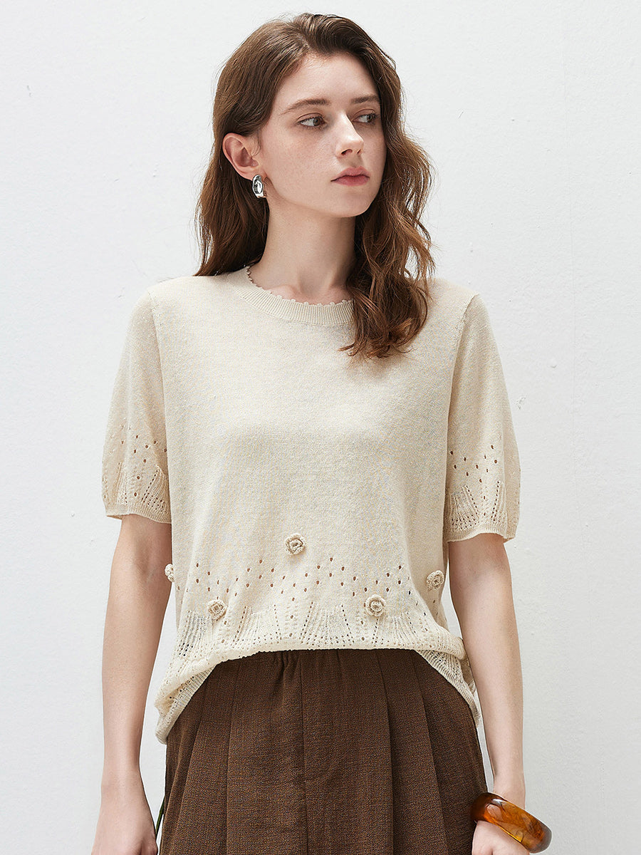 COMOBOCA Women's Sheer Openwork Knit T-Shirt