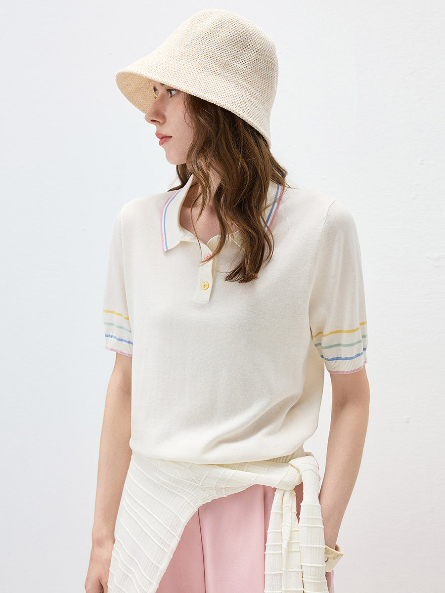 COMOBOCA Women's Knit Polo Top with Rainbow Stripes