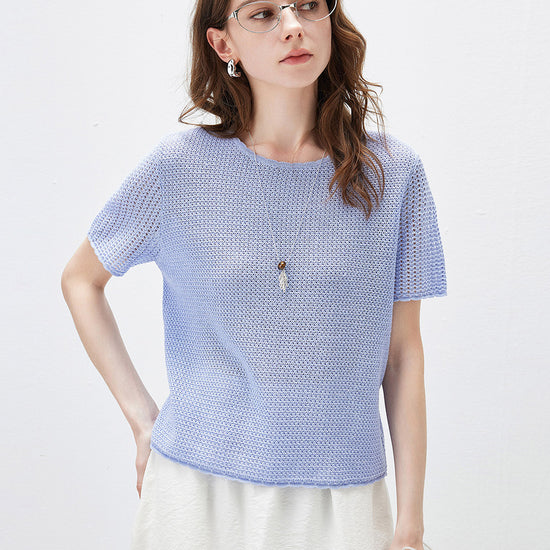 COMOBOCA Light Blue Women's Openwork Round Neck Knit T-Shirt