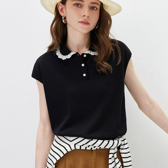 COMOBOCA Women's Lace Trim Collar Knit Polo T-Shirt