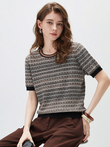 Women's  Round Neck Jacquard Linen Knit Short Sleeve Top