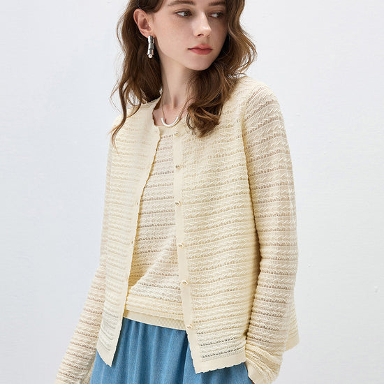 COMOBOCA Women's Scalloped Pointelle Knit Cardigan