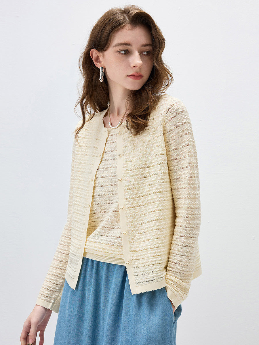 COMOBOCA Women's Scalloped Pointelle Knit Cardigan