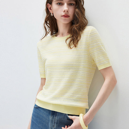 COMOBOCA Women's Ribbed Fine Stripe Knit T-Shirt