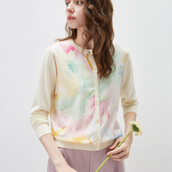 COMOBOCA Women's Floral Print Panel Knit Cardigan