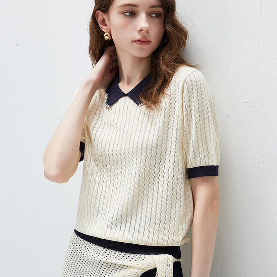 COMOBOCA Women's Scalloped Contrast Collar Openwork Knit Sweater