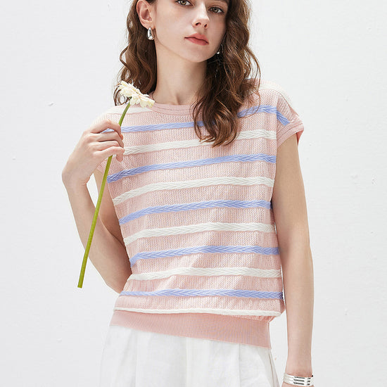 COMOBOCA Light Pink Women's Striped Knit Cap Sleeve T-Shirt