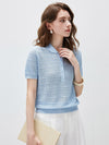 Women's Silk-Cotton Blend Peter Pan Collar Pointelle Knit Short Sleeve Top