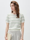 Women's Silk-Cotton Jacquard Stripe Knit Crew Neck Short Sleeve T-Shirt