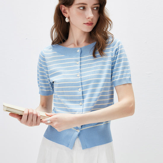 COMOBOCA Light Blue Women's Striped Short Sleeve Knit Cardigan