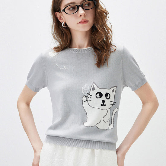 COMOBOCA Light Gray Women's Cat And Tennis Intarsia Knit T-Shirt