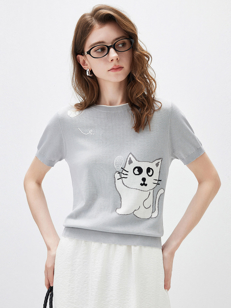 COMOBOCA Light Gray Women's Cat And Tennis Intarsia Knit T-Shirt